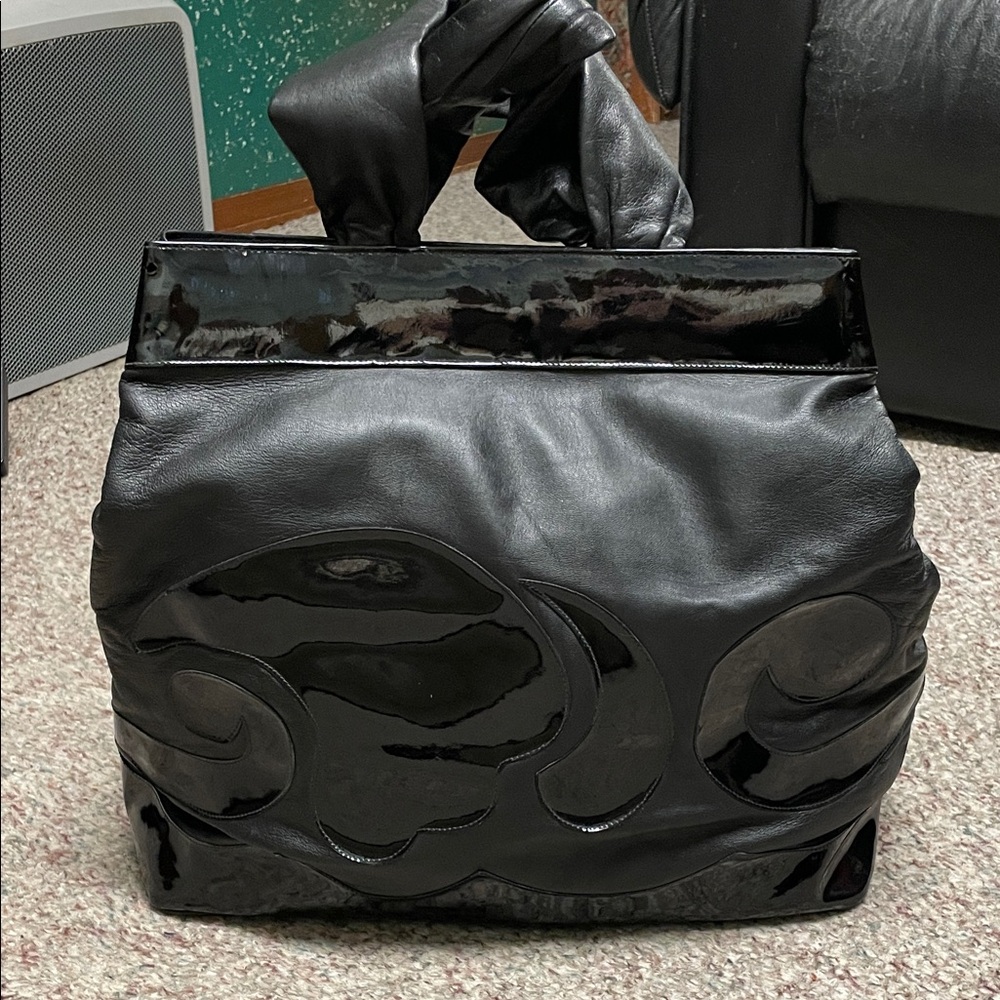 Vintage 100% leather Black matte and Patent xxl Tote Bag - super cool